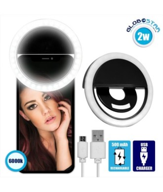 GloboStar® 79043 Selfie Ring Light LED SMD 2W 200 lm Μαύρο Σώμα με Ενσωματωμένη Επαναφορτιζόμενη Μπαταρία 500mAh & Καλώδιο Φόρτισης Micro USB Ψυχρό Λευκό 6000 K για Κινητό Τηλέφωνο και Tablet Φ8.5 x Υ2.5cm